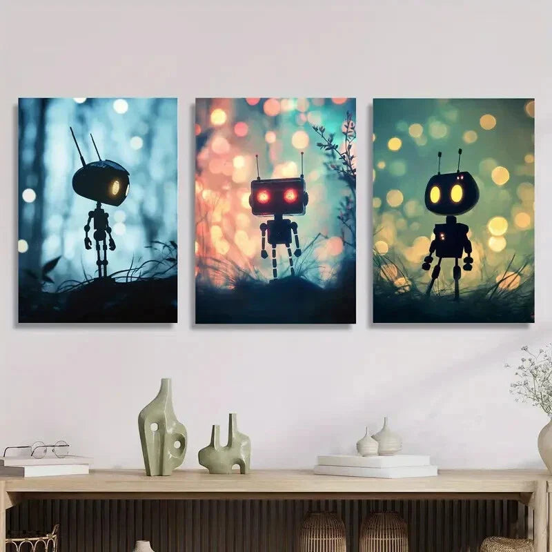3pcs Robots in dream scenes, Metal Print Ready to Hang Art