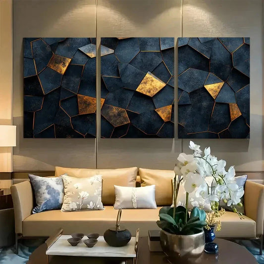 3pcs Black Tan Grid Polygon Pattern Illustration Metal Print Ready to Hang Art