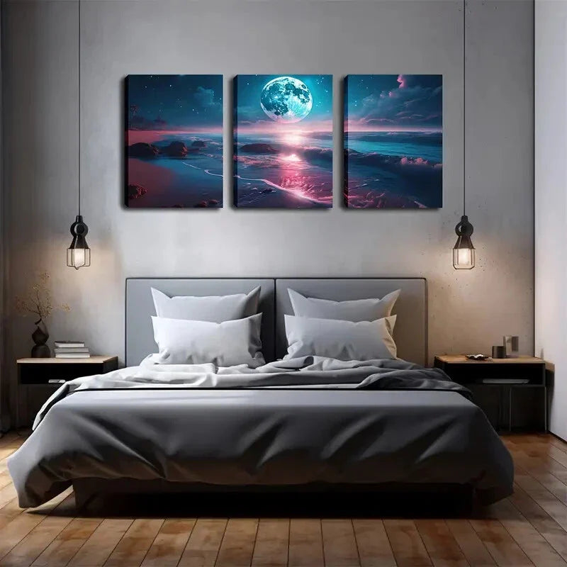 3pcs Bright Big Moon, Beach Wall Art Set Canvas Framed 40x60cm - High Quality Print 100% Australian Made Wall Canvas Ready to Hang