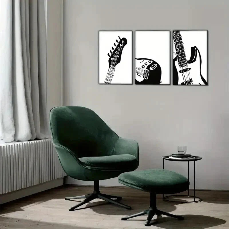 3pcs Guitar Mural Simple Black And White Art Metal Print Ready to Hang Art