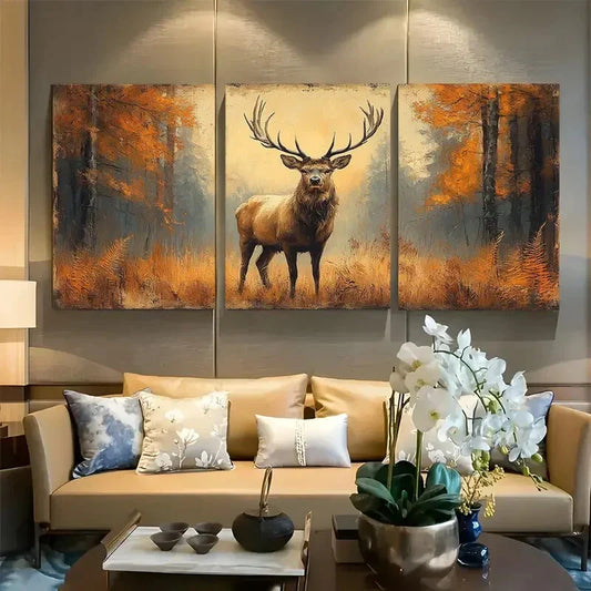 3pcs Featuring Autumn Ferns & Forest Majestic Deer Metal Print Ready to Hang Art