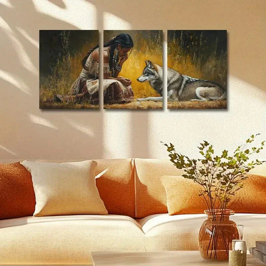 3pcs Wolf and Woman Design Metal Print Ready to Hang Art