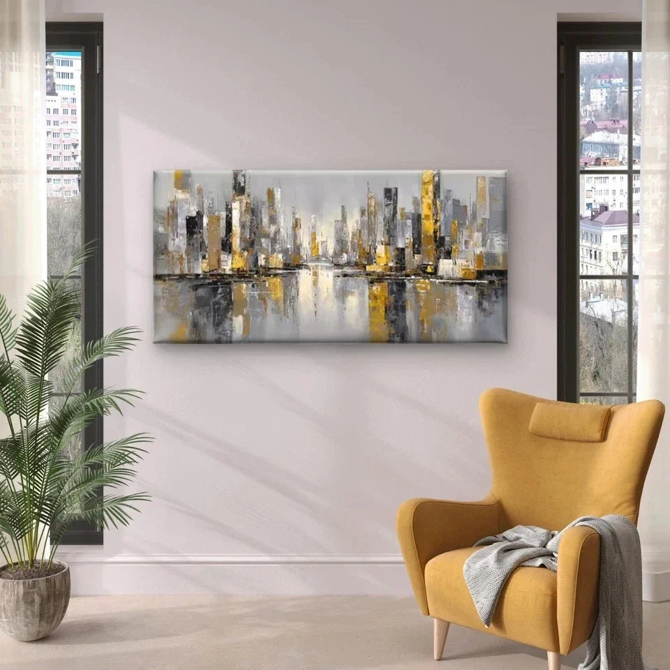 Urban Skyline with Golden Hues Wall Art Canvas Office Home Room Framed 80x45cm