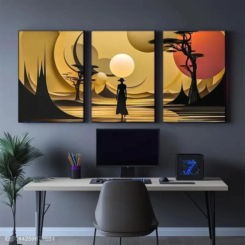 3pcs Afrocentric Landscape Painting Golden Art Metal Print Ready to Hang Art