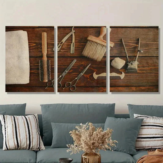 3pcs Vintage Barber Tools Modern Style Metal Print Ready to Hang Art