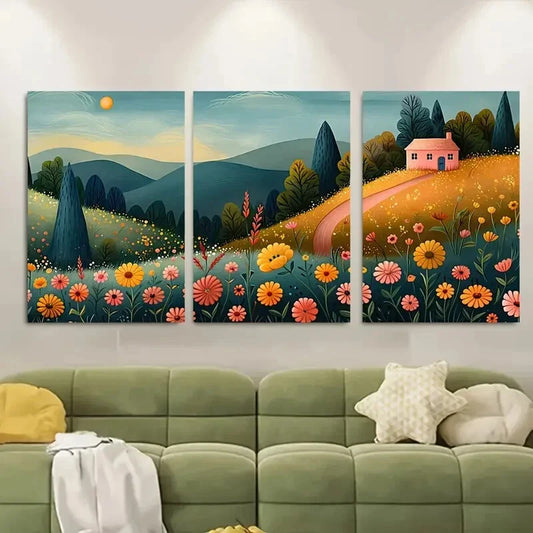 3pcs Colorful Wildflowers & Rustic Countryside Metal Print Ready to Hang Art