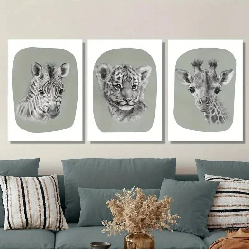 3pcs Art Deco Cartoon Animal Metal Print Ready to Hang Art