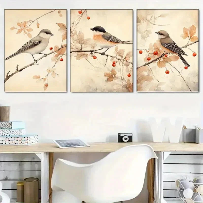 3pcs Birds Among Autumn Branches Artwork Metal Print Ready to Hang Art