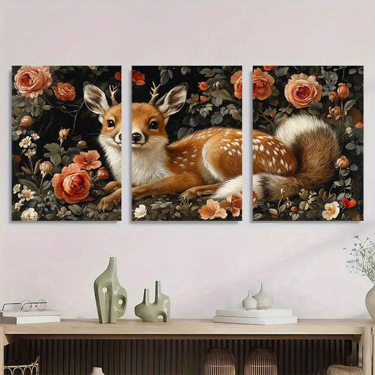 3pcs Deer Retro Floral and Animal Patterns Metal Print Ready to Hang Art