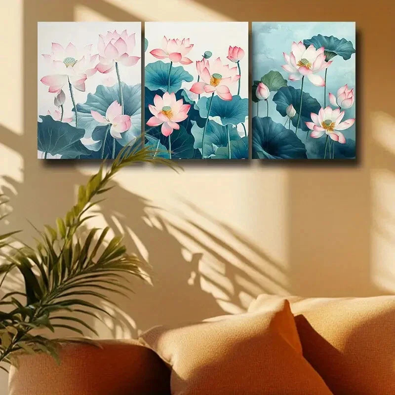 3pcs Pink lotus flowers Design Metal Print Ready to Hang Art