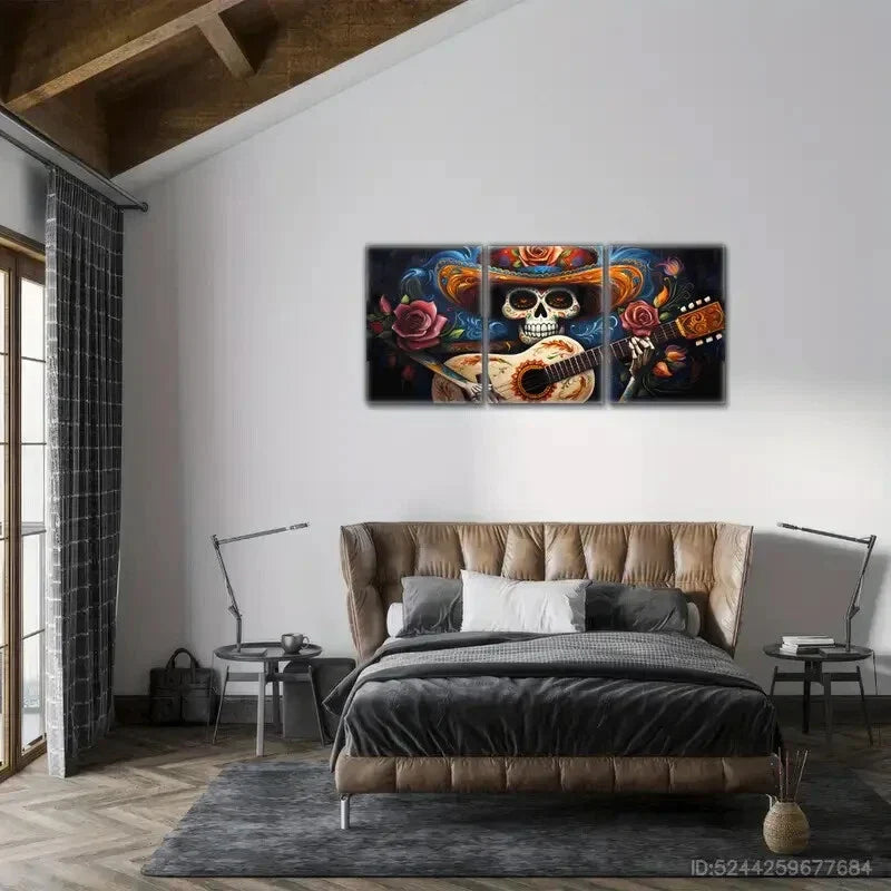 3pcs Skull Playing Guitar Floral Style Art Poster Metal Print Ready to Hang Art