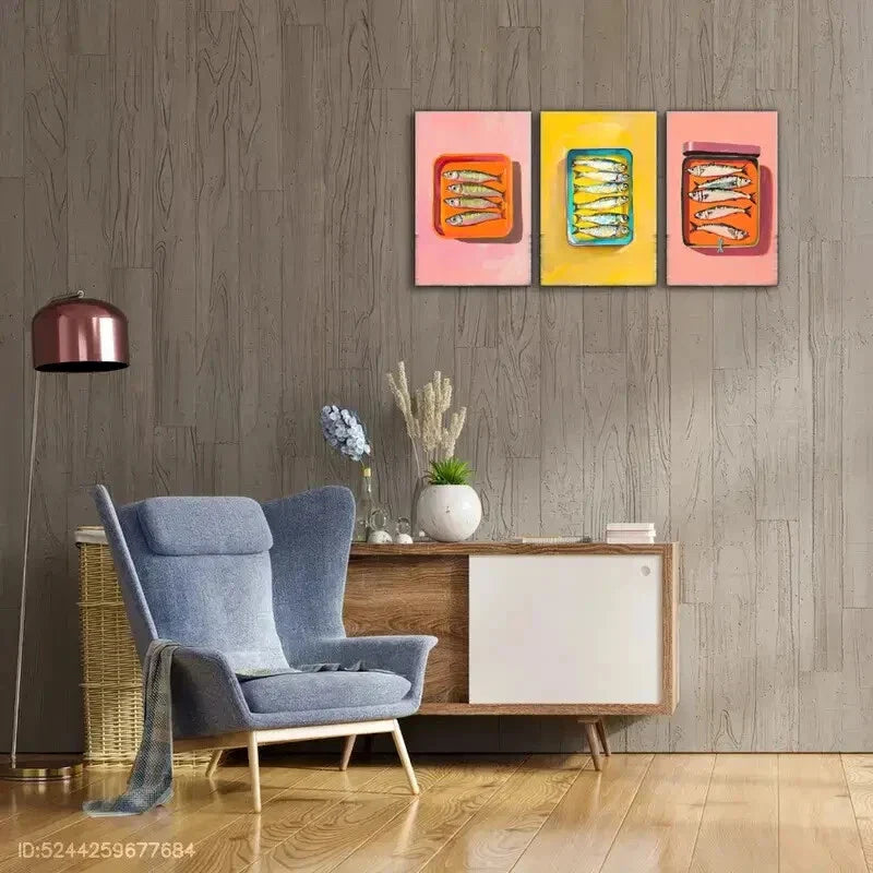 3pcs Bright Pink & Orange Vintage Fish Poster Metal Print Ready to Hang Art