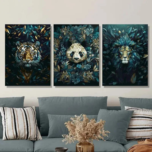 3pcs Blue geometric animal poster, animal Metal Print Ready to Hang Art