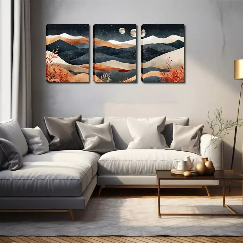 3pcs Layered Mountain, Two Moons, Wall Art Set Canvas Framed 40x60cm - High Quality Print 100% Australian Made Wall Canvas Ready to Hang