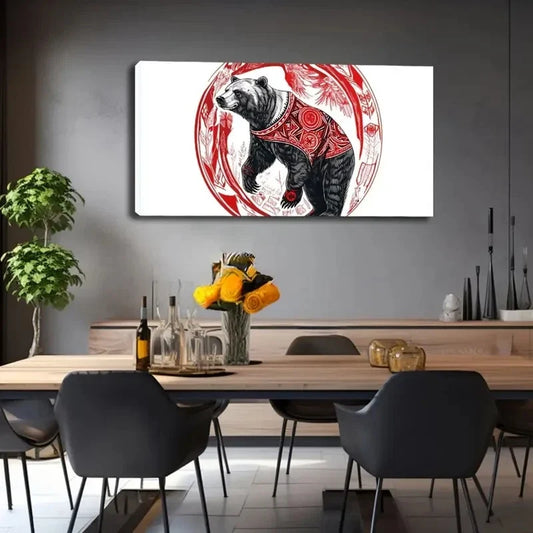 Majestic Bear In Red & Golden Wall Art Canvas Office Home Room Framed 120x60cm