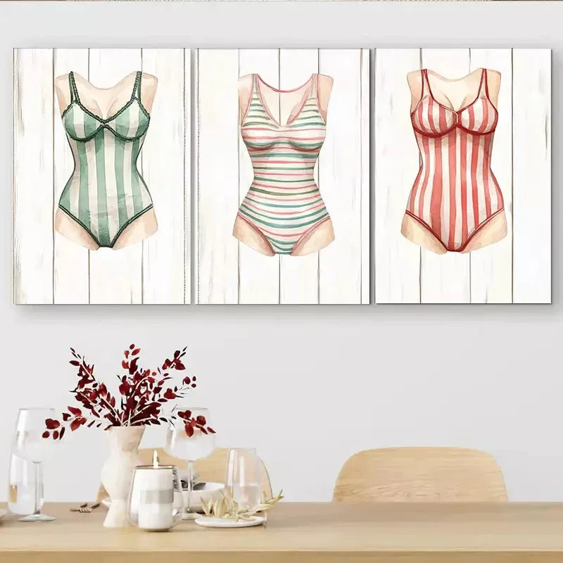 3pcs Vintage - style Swimsuit Triptych Wall Art Set Canvas Framed 40x60cm - High Quality Print 100% Australian Made Wall Canvas Ready to Hang