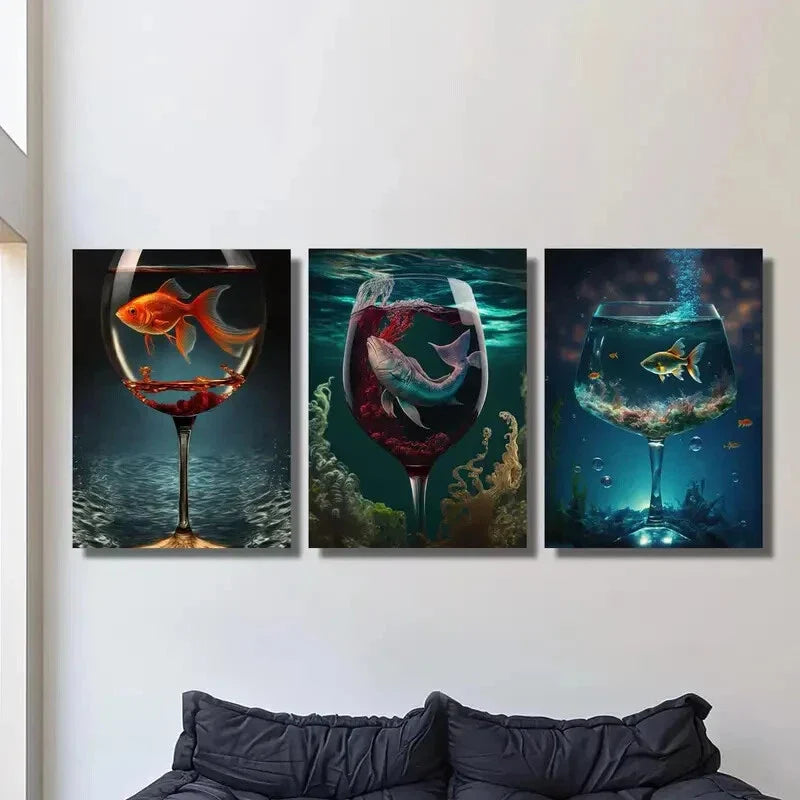 3pcs Aquarium in a cup, fish poster, Metal Print Ready to Hang Art