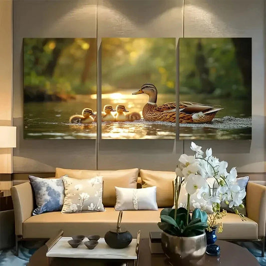 3pcs Mother Duck with Ducklings Nature Scene Metal Print Ready to Hang Art