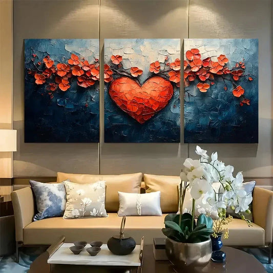 3pcs Abstract Floral Heart in Warm Tones Design Metal Print Ready to Hang Art