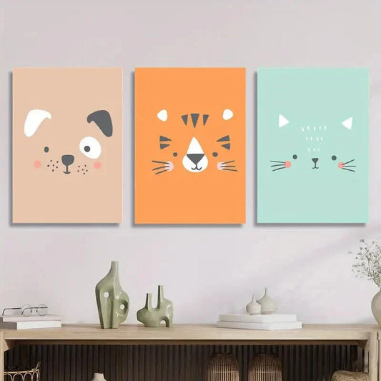 3pcs Brown Puppy, Cartoon Tiger, Cyan Kitten Metal Print Ready to Hang Art