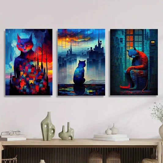 3pcs Lonely cat, cat color art, cat lovers, Metal Print Ready to Hang Art