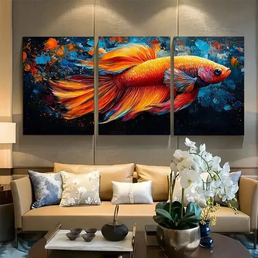 3pcs Vibrant Betta Fish Flowing Design Metal Print Ready to Hang Art