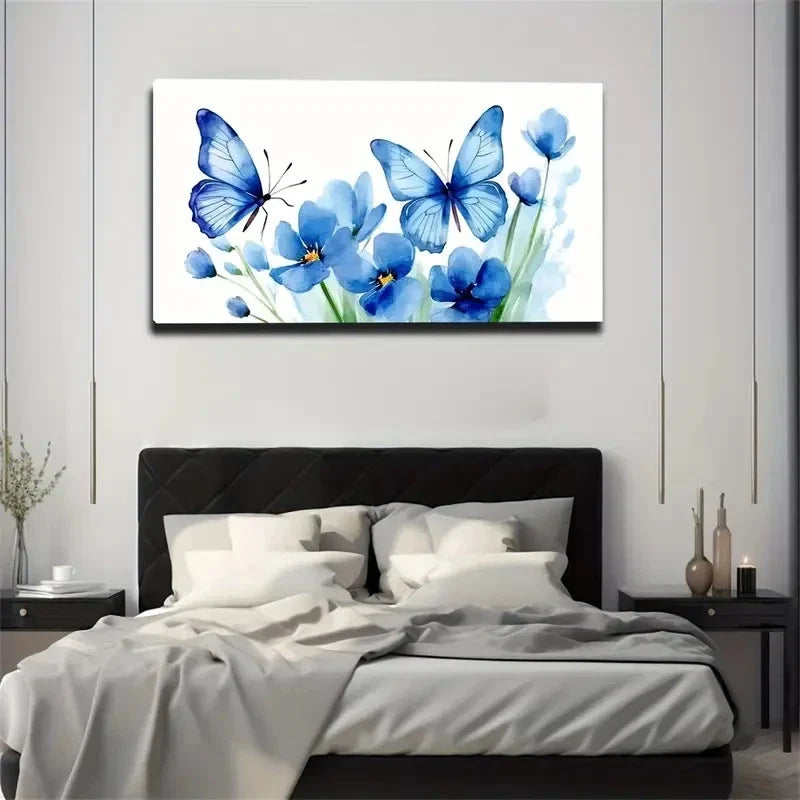 Light Blue Butterflies Wall Art Canvas Office Home Room Framed 80x45cm