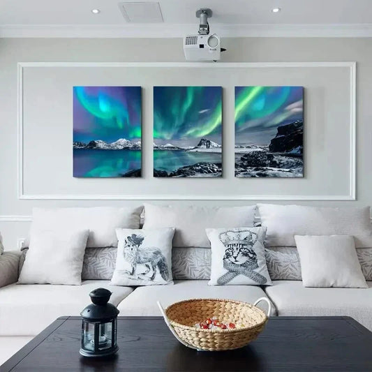 3pcs Northern Lights over Snowy Mountains Metal Print Ready to Hang Art