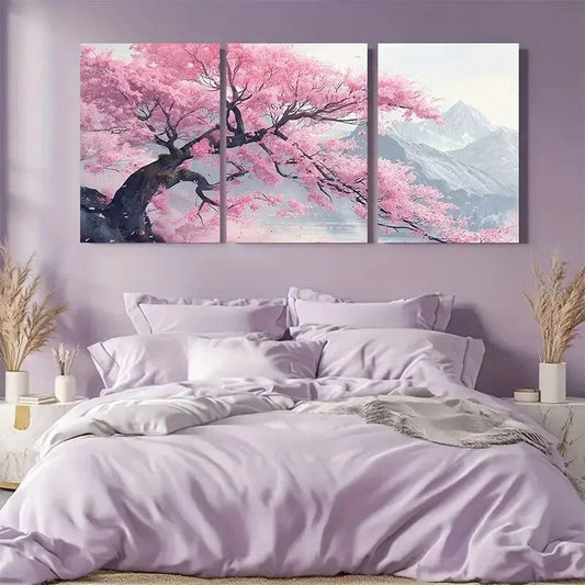 3pcs Cherry Blossom Tree & Mountain Scenery Metal Print Ready to Hang Art