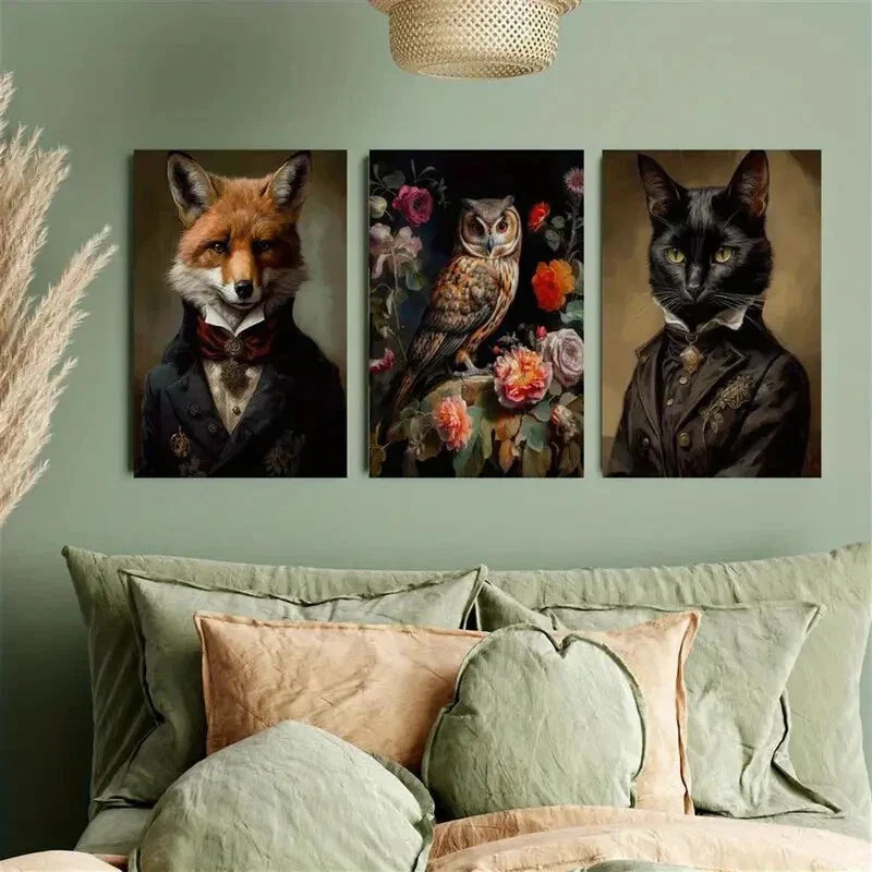 3pcs Vintage Flowers and Owl Metal Print Ready to Hang Art