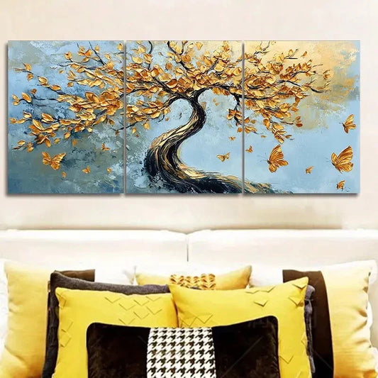 3pcs An abstract tree with golden leaves Wall Art Set Canvas Framed 40x60cm - High Quality Print 100% Australian Made Wall Canvas Ready to Hang
