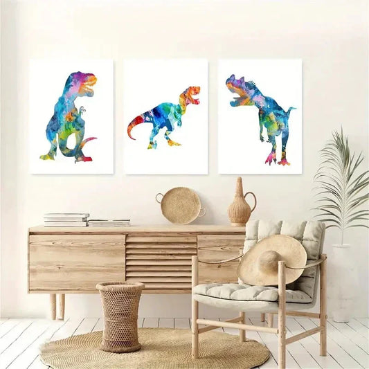 3pcs Colorful Dinosaur T-Rex Design Metal Print Ready to Hang Art