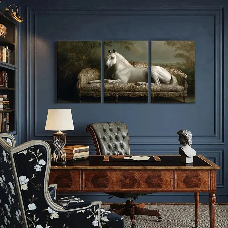 3pcs Elegant White Horse On Ornate Sofa Metal Print Ready to Hang Art