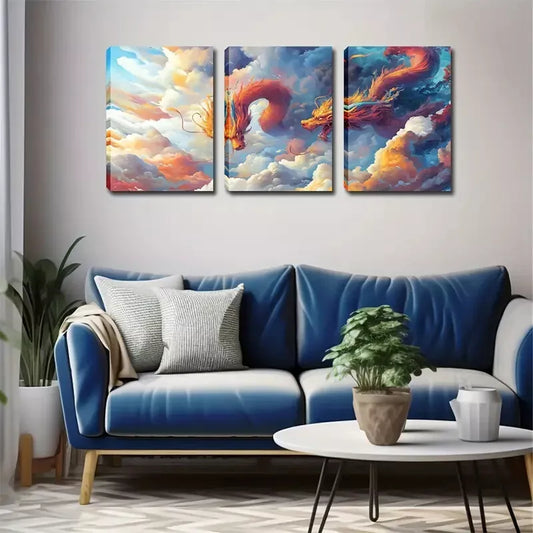 3pcs Two Majestic Dragons Wall Art Set Canvas Framed 40x60cm - High Quality Print 100% Australian Made Wall Canvas Ready to Hang