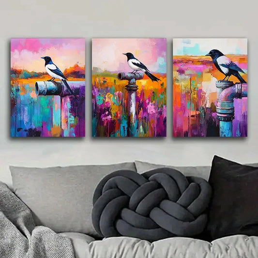3pcs The Magpie Is On An Old Pipe for Home Metal Print Ready to Hang Art
