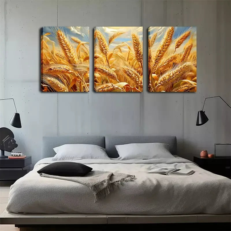 3pcs Yellow Wheat Fields Wall Art Set Canvas Framed 40x60cm - High Quality Print 100% Australian Made Wall Canvas Ready to Hang