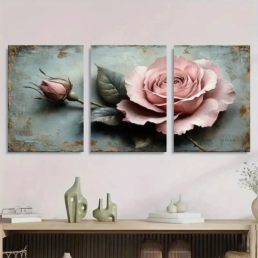 3pcs Elegant Pink and Grey Rose Metal Print Ready to Hang Art