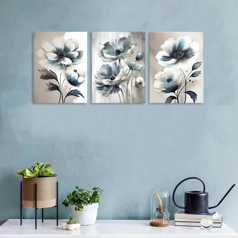 3pcs Abstract Blue and White Wildflower Metal Print Ready to Hang Art