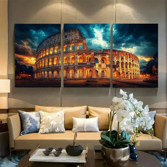 3pcs Rome Colosseum Under Stormy Sky Design Metal Print Ready to Hang Art