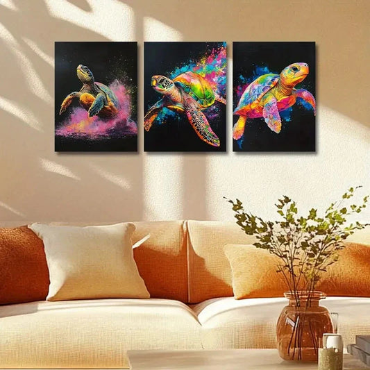 3pcs Colorful Sea Turtle with Splash Effects Metal Print Ready to Hang Art