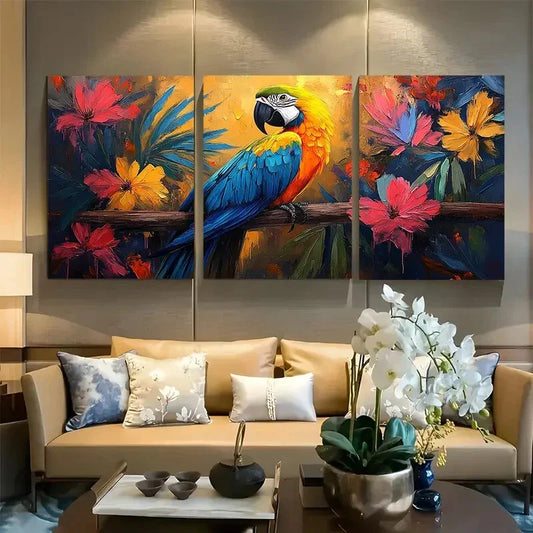 3pcs Vibrant Macaw & Floral Backgrounds Design Metal Print Ready to Hang Art