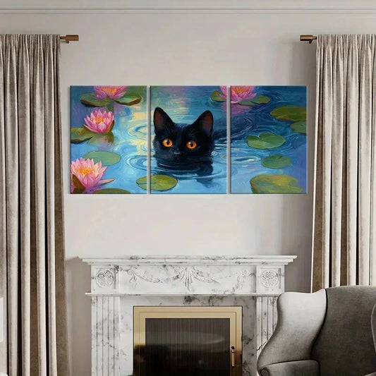 3pcs Black Cat with Vibrant Water Lilies Metal Print Ready to Hang Art