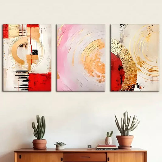 3pcs Featuring Modern Abstract Geometric Gold Wall Art Set Canvas Framed 40x60cm - High Quality Print 100% Australian Made Wall Canvas Ready to Hang