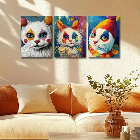 3pcs Vibrant Clown Cat Design Metal Print Ready to Hang Art
