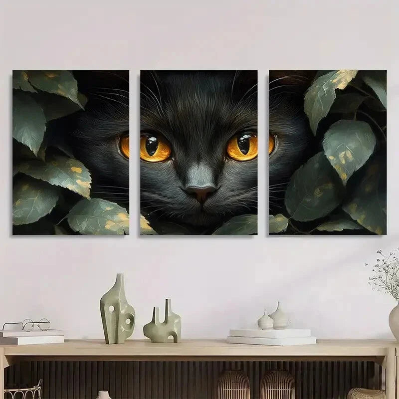 3pcs Black Cat with Green Leaves Metal Print Ready to Hang Art