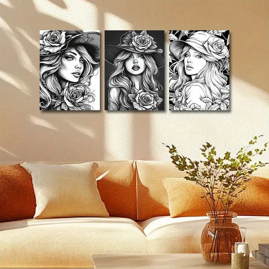 3pcs Elegant Blonde Woman with Roses Design Metal Print Ready to Hang Art