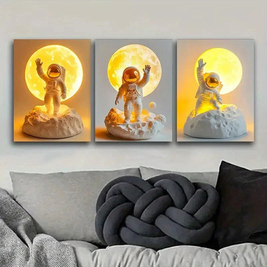 3pcs Astronauts on the Moon Metal Print Ready to Hang Art
