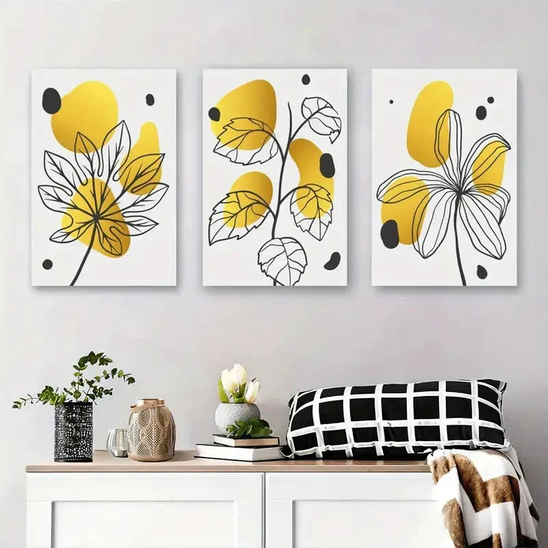 3pcs Minimalist Line Art with Yellow and Black Metal Print Ready to Hang Art