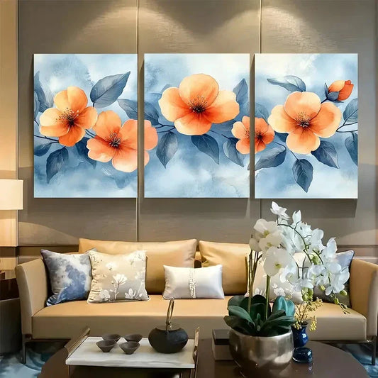 3pcs Soft Peach Floral with Green Leaves Metal Print Ready to Hang Art