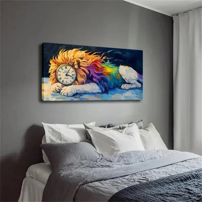 Lion Heads Replaced By Clocks Wall Art Canvas Office Home Room Framed 120x60cm